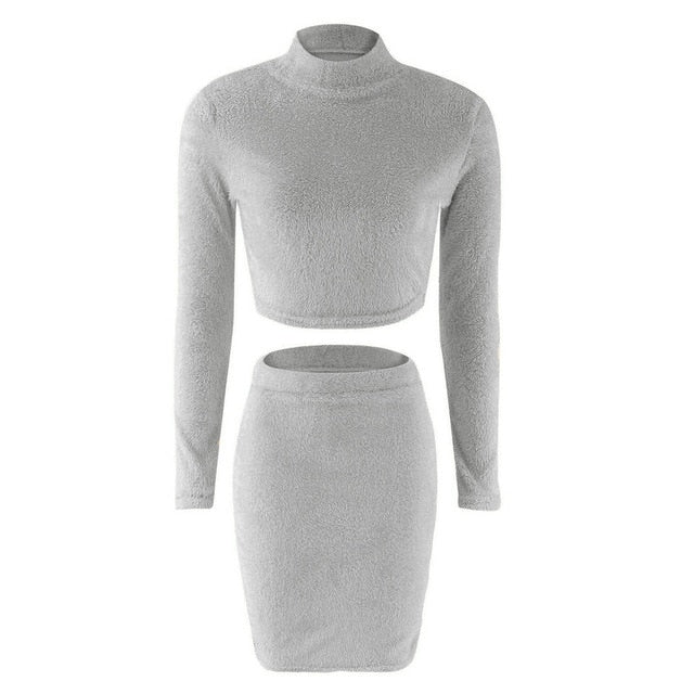 Two Piece Set Women Sweater +Pencil Skirt Suit Long sleeve Fleece