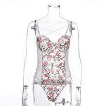 Load image into Gallery viewer, Women Floral Embroidery Lace Bodysuit Sexy Bandage Transparent Bodysuit Ladies White Mesh Bodysuit Jumpsuit Bodycon Overalls